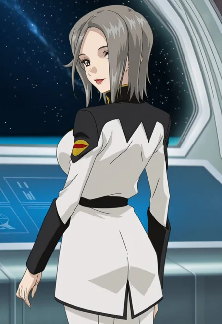 best quality, masterpiece, anime screencap, anime coloring, ultra detailed, source_anime, intricate details, perfect anatomy, looking at viewer,
meir shiva, 1girl, solo, grey hair, short hair, breasts, large breasts, grey eyes, hair over one eye, lips, makeup, lipstick,
uniform, military uniform, military, boots, long sleeves, pants, white military uniform,
from behind, cowboy shot, looking back, smile, space, spacecraft,