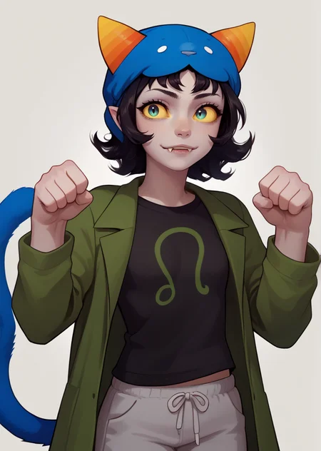 , score_9, score_8_up, score_7_up, masterpiece, , line art, portrait, anime,, detailed, <lora:Expressive_H:0.45> Expressiveh, solo, , , paw pose, looking at viewer, 1girl, , gray skin, yellow sclera, nepeta, black hair, wavy hair, horns, pointy ears, petite, slim, thin, , , medium hair, short hair, , black t-shirt , black shirt, open jacket, green jacket, sleeves past wrists, gray sweatpants, fangs, cat tail, cat hat, leo \(symbol\), , <lora:Nepeta:0.8>, gray simple background,