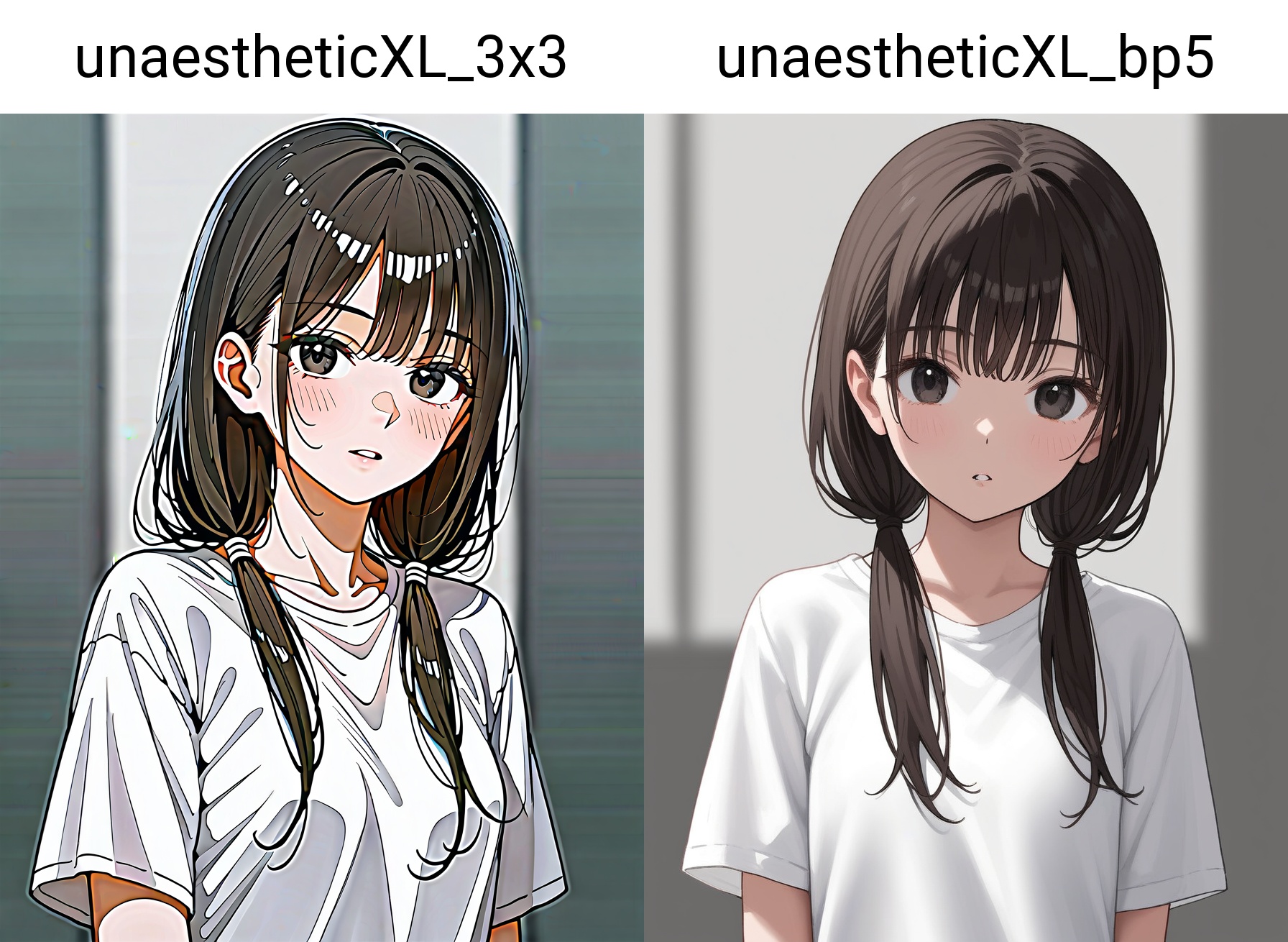1girl,,, black eyes, black hair, blurry, brown hair, depth of field, grey background, long hair, looking at viewer, parted lips, shirt, simple background, solo, standing, twintails, upper body, white shirt