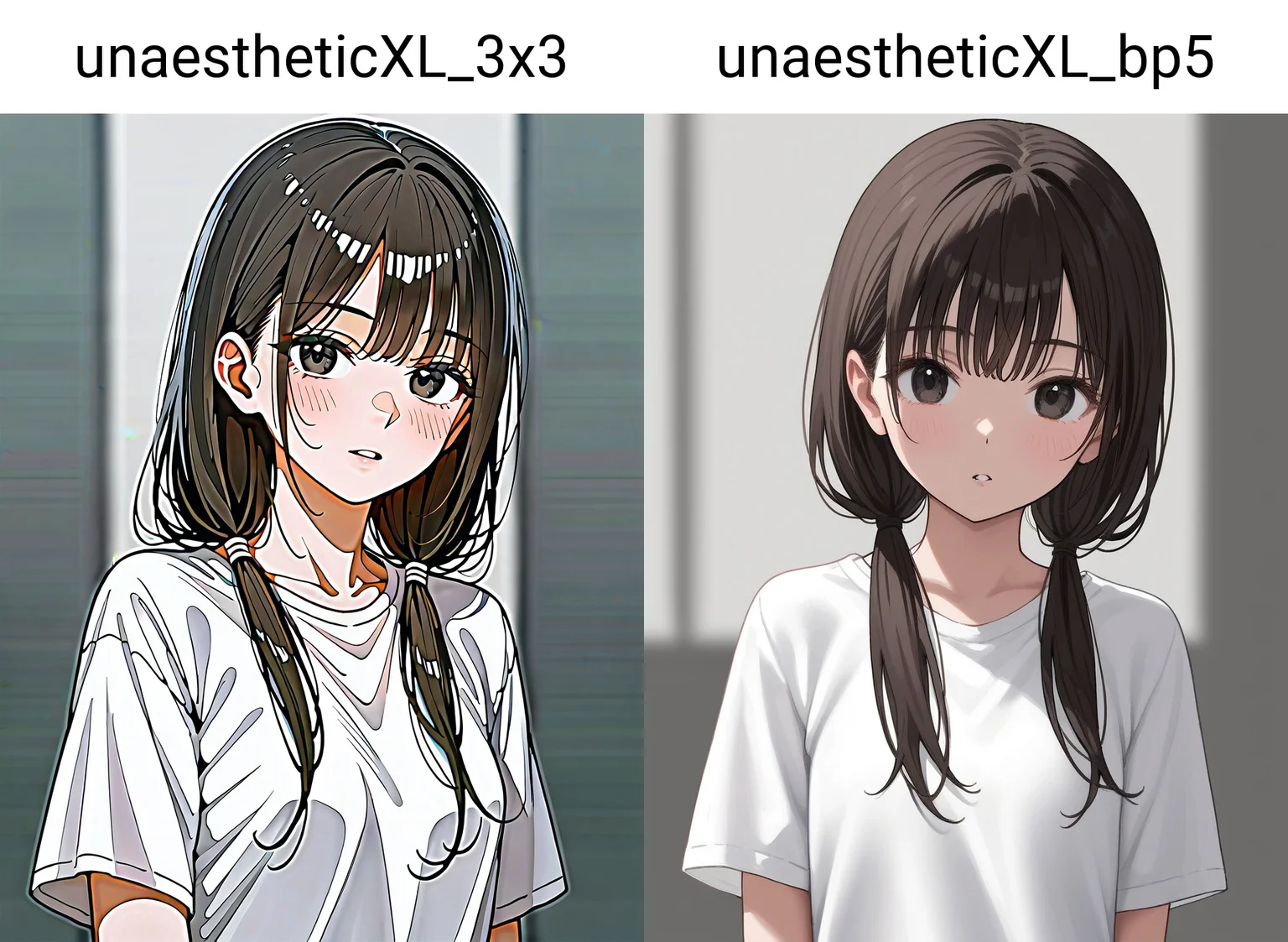1girl,,, black eyes, black hair, blurry, brown hair, depth of field, grey background, long hair, looking at viewer, parted lips, shirt, simple background, solo, standing, twintails, upper body, white shirt