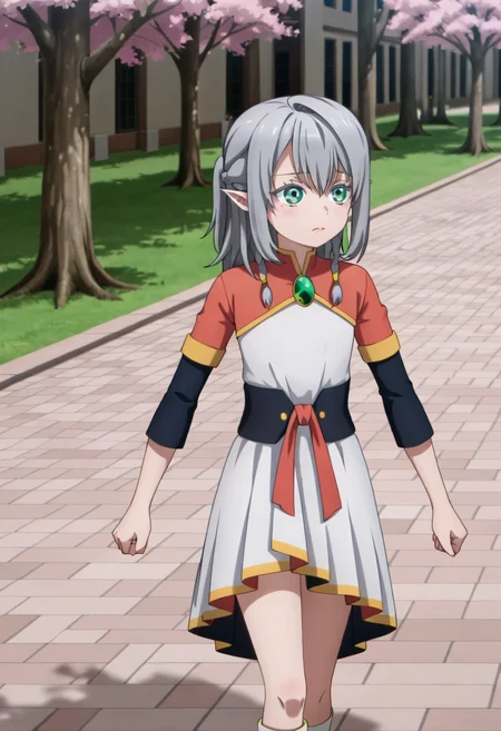 <lora:Young Tessia_IL:1>Young Tessia, 1girl, gray hair, pointed ears, elf, green eyes, white asymmetrical dress with yellow trim, red sash waist tie, black long-sleeve undershirt, green gem pendant necklace, white thigh-high socks, black crisscross strap shoes
Concert venue surrounded by cherry blossom trees
