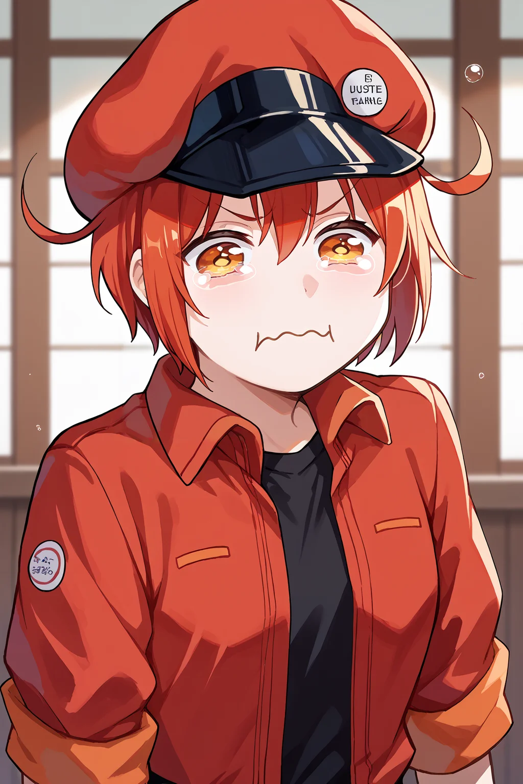 score_9, score_8_up, score_7_up, score_6_up, source_anime, 1girl, solo, <lora:ae3803-pdxl-nvwls-v1-000005:1> ae3803, red hat, cabbie hat, red hair, short hair, ahoge, amber eyes, red jacket, short sleeves, black shirt, white gloves, upper body, indoors, hallway <lora:concept_aquacrying_ponyXL:1> aquacrying, wavy mouth, closed mouth, tearing up, upper body, looking at you