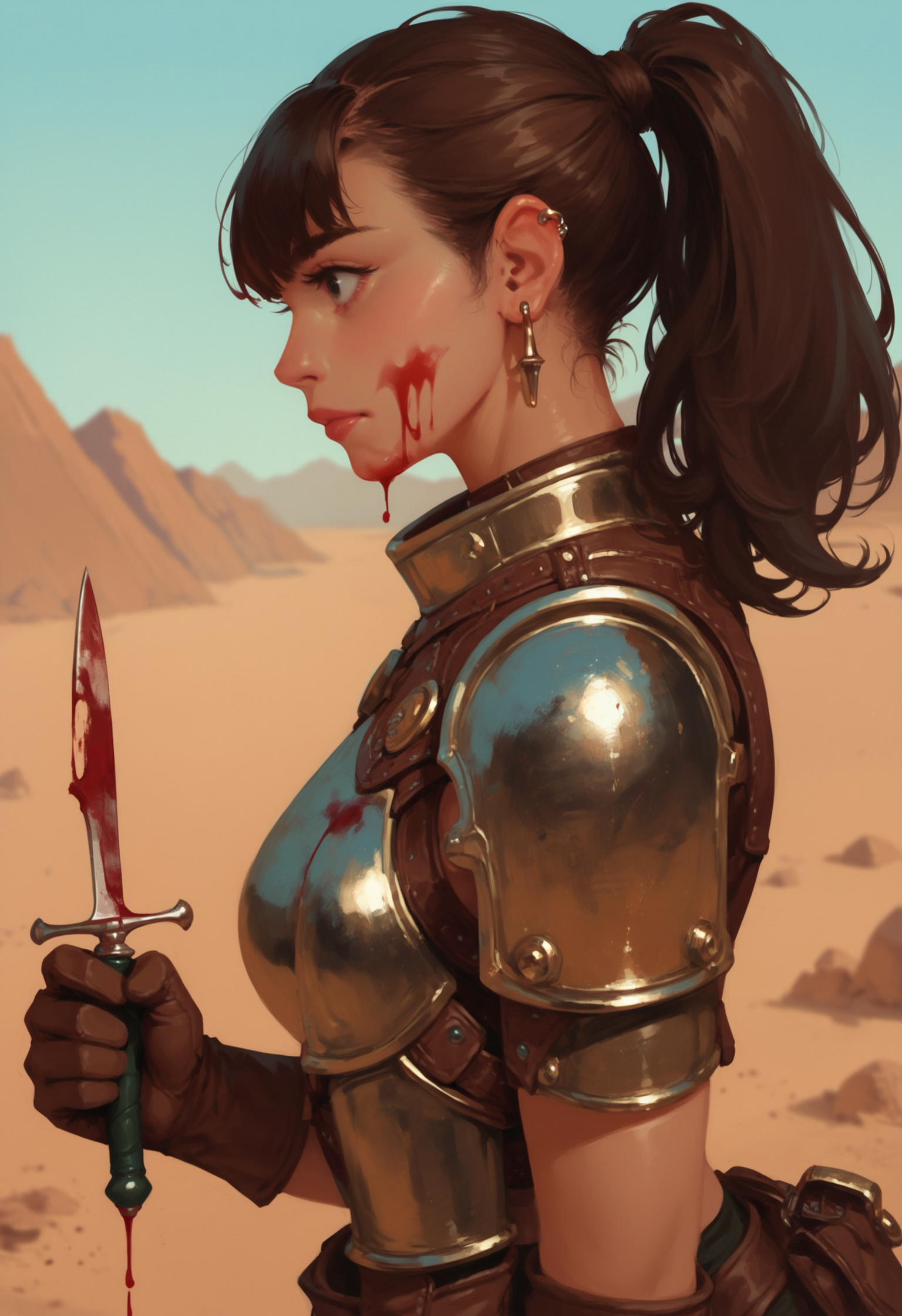 1girl,  blood, leather armor, weapon, solo, blood on face, holding, dagger , holding weapon, brown hair, profile, holding dagger, ear piercing, , brown gloves, from side, brown gloves, piercing, , , jewelry, earrings, shoulder armor, black eyes, closed mouth, blurry background, , blurry, artist name, lips, , , eyelashes, , ponytail, medium hair,  sand , desert, depth of field, medium breasts, , reverse grip, bangs, blue sky, looking to the side, ,, zPDXL3, detailxl,  Score_PnyReal, (lineless:1.5)