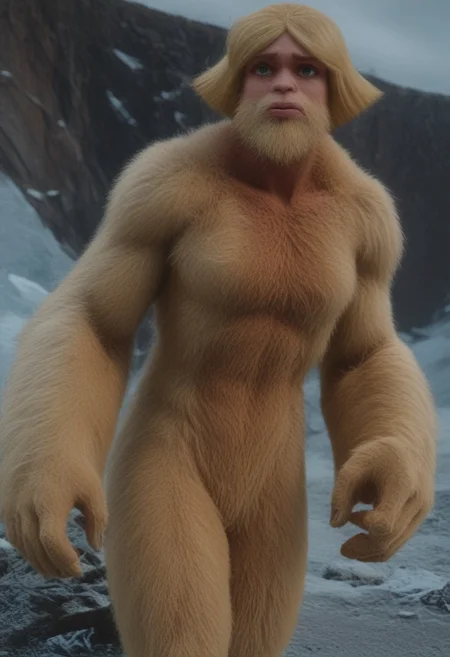 @brtlmss1, tall, muscular, thick limbs, large (kala:0.3) source_cartoon, cartoon_source, dark skin, yeti, bigsquatch, clover \(totally spies\), blonde hair, short hair, blue eye, on a mountain, blonde fur, female bigfoot, sasquatch, looking at viewer, breasts, sad gaze, detailed face, hairy body, detailed eyes, (detailed hands), detailed fingers, Shallow Depth of Field, hairy, FURRY BODY, yeti, (abominable snowman), very big feet, beard, covered in yellow fur,