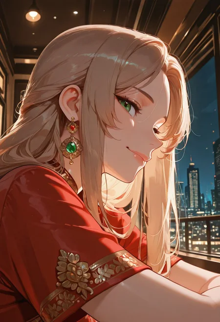 best quality, masterpiece, ultra-HD, cinematic lighting,aesthetic,i1d2sa2re,red saree,1 girl,30 years old,beautiful,solo,adult,looking at viewer,emerald color eyes,eyes detailed,light brown long hair,no bangs,smile,short sleeve, jewellry, ornaments,nacklace,BREAK,in upscale restaurant,standing beside floor-to-ceiling windows:1.2,high-rise,night city background,((mouth focus, close up,side profile))