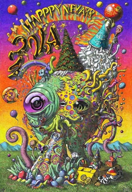 Surreal psychedelic bizarre, Happy New Year 2024, by JimmyAlonzo