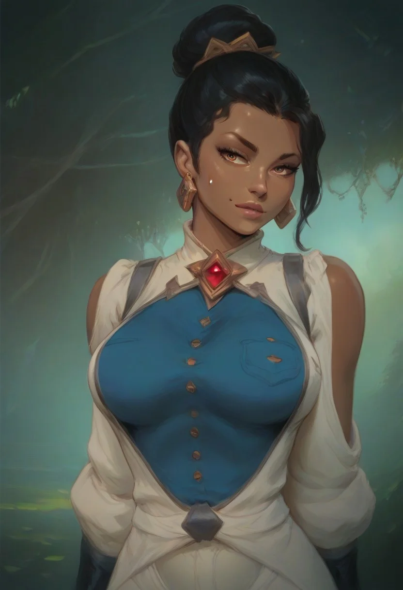 (score_9, score_8_up, score_7_up), score_6_up, best quality, masterpiece, extreme detail, perfect lighting, 4k, 2d, rating_explicit, nsfw, very detailed, best quality, highly detailed texture, depth of field, masterpiece, BREAK, 1girl, ChelXLP, chel, majestic,beautiful bright pupils, black hair, ((ponytail)),green earrings, cute face, (gorgeous face:1.3), (skin detail:1.3), (shadows:1.3), (sweat, steamy, oily, shiny:1.3), ((( long hair, large breasts,perfect body, thick thighs,
single hair bun,crisscross leather halter top,blue shirt,
white coat, clothing cutout, shoulder cutout, long sleeves, black gloves, white pants, grey footwear, thigh boots,
fantasy, solo focus,epic, concept art, realistic, highly detailed, upper body, looking at viewer ))),dark skin, looking at the viewer, detailed, intricate details, realistic,((( top view))), tan skin,cowboy shot,csr style,g4n1m3,Sculpted grace