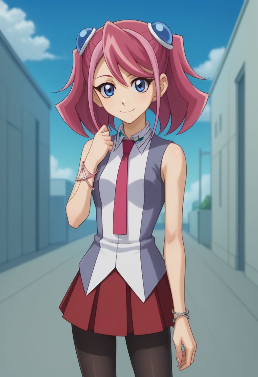 score_9, score_8_up, score_7_up, source_anime, highly detailed, 
zuzu, 1girl, solo, blue eyes, pink hair, pantyhose, bracelet, jewelry, necktie, multicolored hair, two-tone hair, smile, skirt, sleeveless, twintails, school uniform,
outdoor, blue sky, clouds,