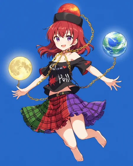hecatia lapislazuli,1girl, solo, smile, polos_crown, open_mouth, multicolored_skirt, t-shirt, clothes_writing, gold_chain, short_sleeves, heart_print, green_skirt, black_headwear, red_skirt, purple_skirt, black_choker, barefoot, earth_\(ornament\), bare_shoulders, black_shirt, plaid_skirt, moon_\(ornament\), simple_background, looking_at_viewer, blue_background, off-shoulder_shirt, full_body, white_skin
<lora:hecatia_lapislazuli_image2747_2023-12-20:1>,star-shaped_pupils,symbol-shaped_pupils,. gorgeous,key visual, vibrant, studio anime,award-winning, professional, highly detailed,high budget, cinemascope