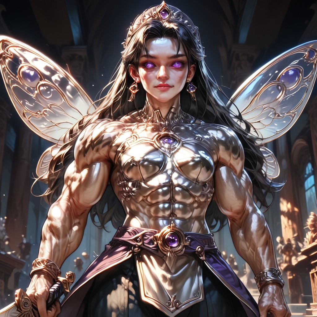 Medium shot, detailed, photorealistic, hyper realistic, score_9, score_8_up, rating_safe, solo ((arch fey, detailed violet eyes, (beautiful woman, underbust armor, skirt, pants, sword belt, and holding a sword), ((bronze metallic gold skin ral-polishedsteel)), ((huge muscles, muscular shoulders, muscular thighs, muscular torso, small petite breasts)), (fairy wings), (long black hair))), (standing next to a multicolored crystal throne, in a detailed throne room filled with treasures, detailed lighting), hi res, hi quality, 4k, concept art, digital art, realistic, detailed background, lens flare, pixel art, piratical beauty, great lighting