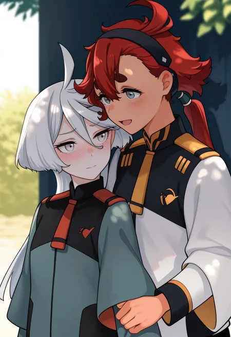 2girls, suletta mercury, miorine rembran, tendou itsuki, (yuri, couple, looking at another:1.1), closed mouth, embarrassed. open mouth, smile, blush, asticassia school uniform, height difference, side-by-side, (holding another's arm:1.1), outdoors, shade, dappled sunlight, depth of field, straight-on, upper body, masterpiece, best quality, amazing quality
