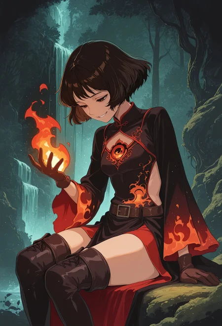 Studio Ghibli Dark Fairytale, 2DVFX, 1girl, solo, black hair, short hair, brown eyes, beautiful eyes, petite, small breasts, mandarin collar, ornate black robe, red inner dress, intricate flame embroidery design, long sleeves, leather gloves, leather belt, thighs, thigh boots, side cutout,
BREAK
grin, half closed eyes, looking down at own hand, hand up, sitting, casting fire magic, sparks, elemental manipulation, dynamic fire, forest, waterfall, moss, ivy,
masterpiece, best quality, very aesthetic, soft lighting, soft shadows, shaded