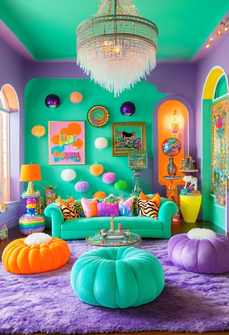 y2kmad, Light mood masterpiece photography, realistic, realistic photograph, crystal chandeliers, large chandelier, living room, two chandeliers, couch, indoors, giant gumball machine, coffee table, luxurious living room, glitter throw pillows, Lisa Frank inspired, scene indoors, owl room decor, pastel pillows, glitter pillows, Nickelodeon room decor, fancy furniture, Lisa Frank colors, fluffy neon rug, clouds painted on walls, coffee table, elephant statues, two chairs, books on table, throw pillows on couch, zebra print throw pillows, light coming in from outside, arcade game, gaudy couches, giant lava lamp, lava lamp, disco balls, fairy room decor, large windows, maximalism, green, blue, turquoise, purple, orange, purple couches, maximalist living room, soft rug, neon rug, cat statue, lots of pillows, 2000s, Lisa Frank alien pictures on wall, water bed, green Glass, Vinyl, neon green lamp, pastel pink walls, Vivid colours, plastic orange designer chair, crystal beaded curtains, funky room, futuristic shaped chair, neon lights
