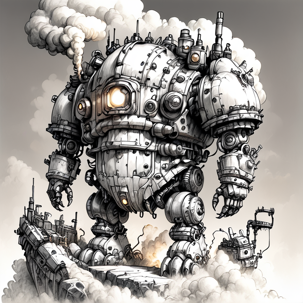 ArsMJStyle, Whimsical Mechanica, Line Drawing, The image is a black and white line drawing of a large robot-like creature with a large head and arms. The creature appears to be made of metal and has multiple pipes and valves attached to its body. It has a large dome-like structure on top with a small window on the front and a small door on the side. The body is covered in wires and cables and there is a large cloud of smoke coming out of its mouth. The robot is standing on a rocky terrain with small rocks and plants scattered around. The overall style of the creature is industrial and futuristic., robot, monochrome, mecha, greyscale, no humans, smoke, science fiction, cloud, solo, sketch  <lora:Whimsical_Mechanica_Line_DrawingPony:1>