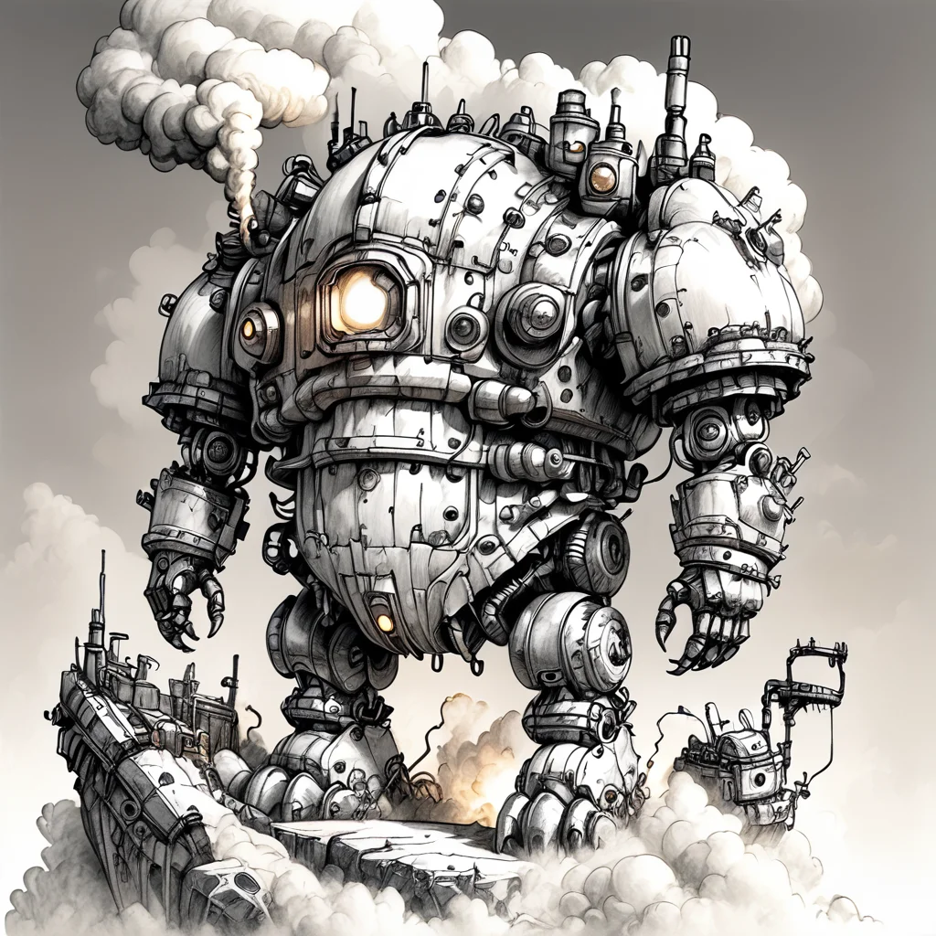 ArsMJStyle, Whimsical Mechanica, Line Drawing, The image is a black and white line drawing of a large robot-like creature with a large head and arms. The creature appears to be made of metal and has multiple pipes and valves attached to its body. It has a large dome-like structure on top with a small window on the front and a small door on the side. The body is covered in wires and cables and there is a large cloud of smoke coming out of its mouth. The robot is standing on a rocky terrain with small rocks and plants scattered around. The overall style of the creature is industrial and futuristic., robot, monochrome, mecha, greyscale, no humans, smoke, science fiction, cloud, solo, sketch <lora:Whimsical_Mechanica_Line_DrawingPony:1>