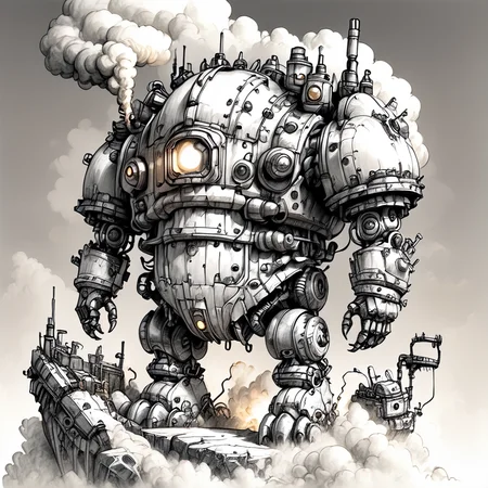 ArsMJStyle, Whimsical Mechanica, Line Drawing, The image is a black and white line drawing of a large robot-like creature with a large head and arms. The creature appears to be made of metal and has multiple pipes and valves attached to its body. It has a large dome-like structure on top with a small window on the front and a small door on the side. The body is covered in wires and cables and there is a large cloud of smoke coming out of its mouth. The robot is standing on a rocky terrain with small rocks and plants scattered around. The overall style of the creature is industrial and futuristic., robot, monochrome, mecha, greyscale, no humans, smoke, science fiction, cloud, solo, sketch <lora:Whimsical_Mechanica_Line_DrawingPony:1>