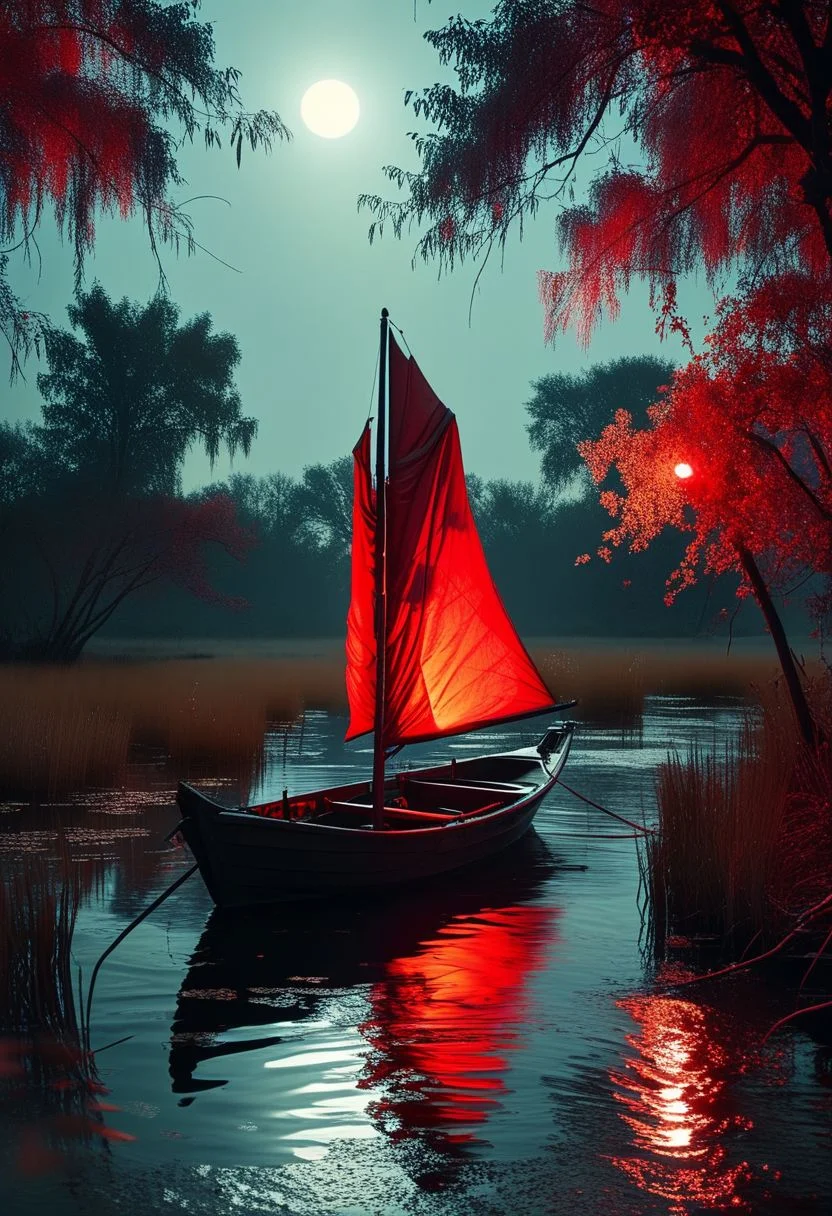 linquivera, Ink illustration, (anime:0.5), brown tones, aged black red paper, inkpunk, moonlight, surreal, a ghostly boat in swampy wetlands, (at a distance), Will-o'-the-wisp, moonlit, lonely, solitude, windy, tall trees, willows, willowy, OverallDetail, extremely detailed, UHD,(long exposure , bright red object on boat emanating light, dystopian but extremely beautiful:1.4),<lora:- SDXL - letitflrsh_let_it_flourish_V1.0:0.8> ,<lora:Cute_Collectible:1>, <lora:XL_boss_battle:0.6> <lora:add-detail-xl:1>, <lora:Concept Art Twilight Style SDXL_LoRA_Pony Diffusion V6 XL:1>, <lora:MJ52:1>
