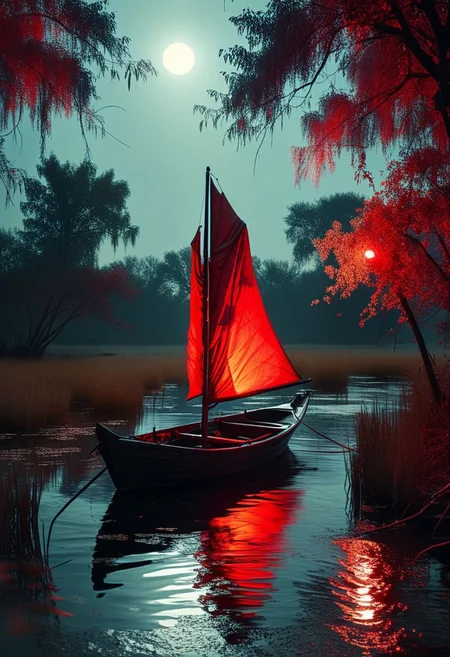 linquivera,  Ink illustration, (anime:0.5), brown tones, aged black red paper, inkpunk, moonlight, surreal, a ghostly boat in swampy wetlands, (at a distance), Will-o'-the-wisp, moonlit, lonely, solitude, windy, tall trees, willows, willowy,  OverallDetail, extremely detailed, UHD,(long exposure , bright red object on boat emanating light, dystopian but extremely beautiful:1.4),<lora:- SDXL - letitflrsh_let_it_flourish_V1.0:0.8> ,<lora:Cute_Collectible:1>, <lora:XL_boss_battle:0.6>  <lora:add-detail-xl:1>,  <lora:Concept Art Twilight Style SDXL_LoRA_Pony Diffusion V6 XL:1>,  <lora:MJ52:1>
