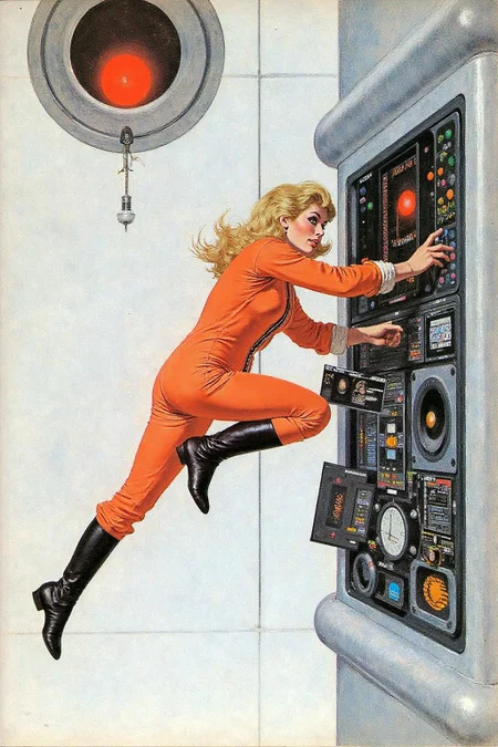 robmc1 illustration.
Overhead sideview of a blonde woman dressed in a orange spacesuit and heavy boots, is carefully re-enacting the iconic scene from 2001: A Space Odyssey where David Bowman deactivates HAL 9000. Floating weightless on one side of a vast empty spacecraft, she methodically removes the components of the HAL 9000 interface, one piece at a time. The setting is tense and sterile, with bright lighting reflecting off the white sterile surfaces, capturing the eerie, unsettling atmosphere of the original scene. The red glow of HAL's eye slowly fades as the scene unfolds, highlighting the dramatic tension between human and machine. <lora:robmc1_cap_d6a3e12:1.0><lora:820294391101972517:0>
