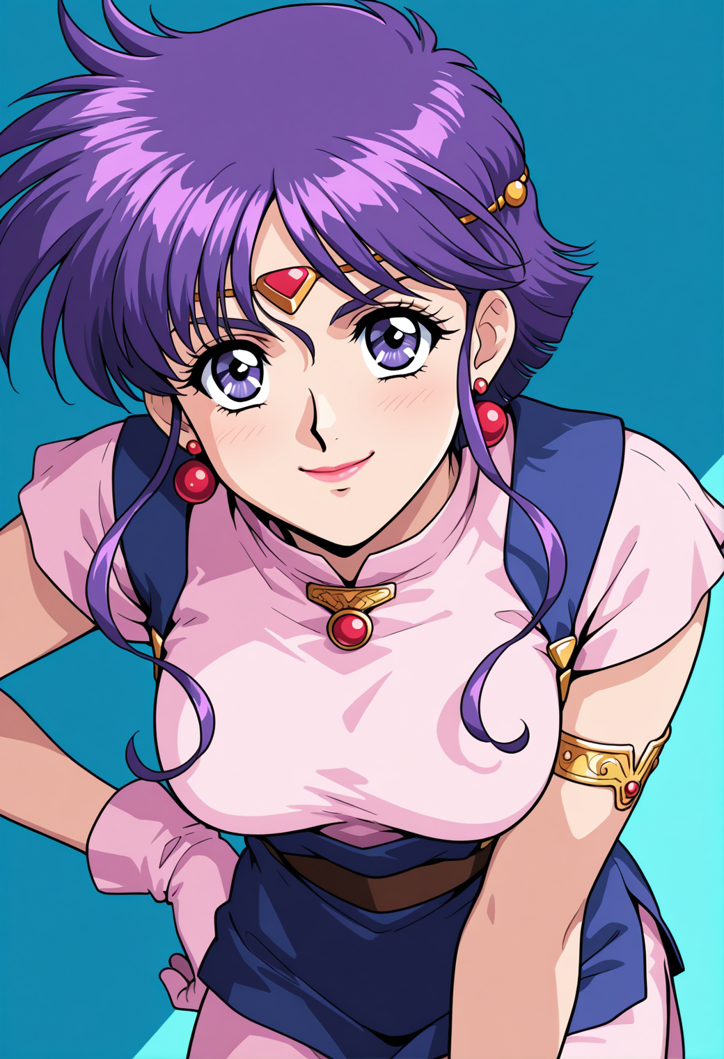 masterpiece, best quality, very aesthetic, absurdres, 1girl, solo, 1990s \(style\), official style,
<lora:srw_xenia_v01:0.9>, srw_xenia, purple hair, short hair, short hair with long locks, sidelocks, purple eyes, breasts, lipstick,
circlet, earrings, jewelry, pink shirt, suspenders, blue dress, single armlet, pink gloves, pink skirt, light blush, smile, hand on own hip, leaning forward