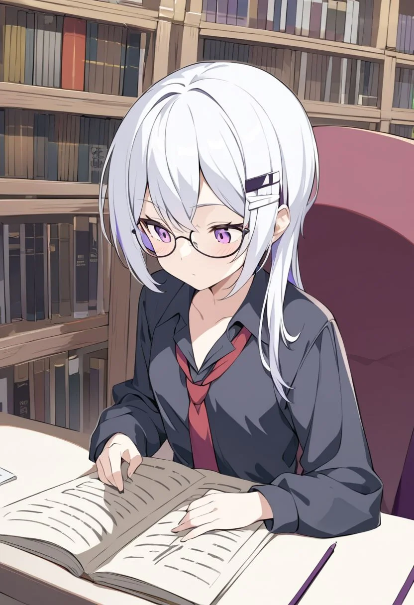 1girl, ellen joe, purple eyes,multicolored hair,portrait, white hair, inner hair, purple inner hair, purple inner, long hair, hair ornament, hairclips, white hair, purple inner hair,
HDA_flipped hair, easynegative,
small_breasts, junior, 
black shirt, black robe, student, academic, library, reading,  thinking, bookshelf, books, book shelf, black glasses, round glasses, standing, red necktie, loose necktie, down blouse