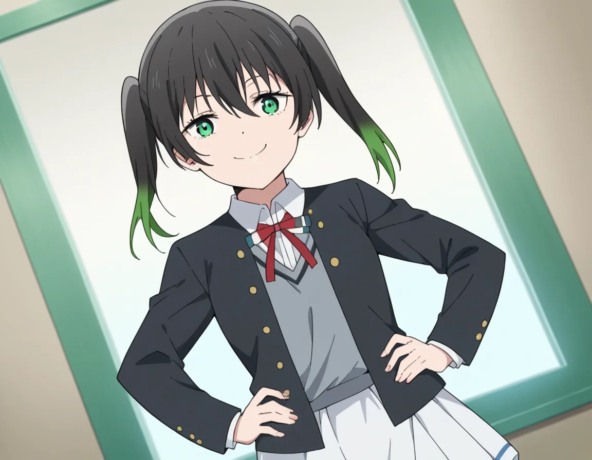 score_9, score_8_up, score_7_up, source_anime, <lora:yuu-takasaki-s2-ponyxl-lora-nochekaiser:1>, yuu takasaki, bangs, black hair, hair between eyes, twintails, green eyes, multicolored hair, green hair, medium hair, two-tone hair, gradient hair,, skirt, long sleeves, school uniform, jacket, red ribbon, black jacket, blazer, nijigasaki academy school uniform, white skirt,, indoors, smug, smile, looking at viewer, solo, hands on hips,, cowboy shot, dutch angle