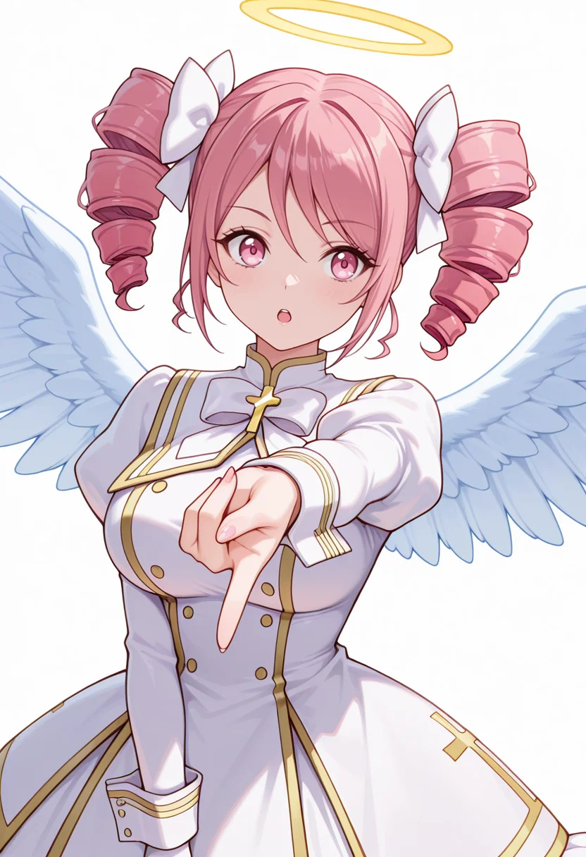 Smooth Quality,masterpiece,very intricate, high quality details, ultra realistic, high detailed skin,detailed enviorement,absurdres,
gyaru v,
<lora:Pino_CNR:0.8>
pino_cnr, 1girl, pink hair, short hair, twintails, drill hair, pink eyes, large breasts,
pino_cnr_def, white dress,white bow, hair bow, hair ribbon, cross, necktie, long sleeves, juliet sleeves, halo, angel wings,, simple background, white background, dynamic angle,solo,, open mouth,
