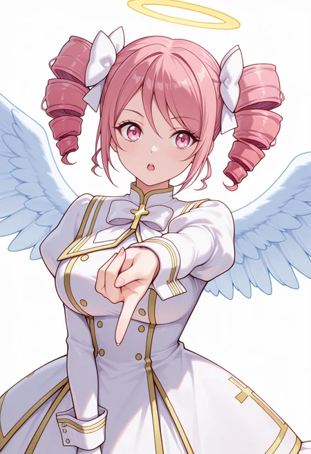 Smooth Quality,masterpiece,very intricate, high quality details, ultra realistic, high detailed skin,detailed enviorement,absurdres,
gyaru v,
<lora:Pino_CNR:0.8>
pino_cnr, 1girl, pink hair, short hair, twintails, drill hair, pink eyes, large breasts,
pino_cnr_def, white dress,white bow, hair bow, hair ribbon, cross, necktie, long sleeves, juliet sleeves, halo, angel wings,, simple background, white background, dynamic angle,solo,, open mouth,