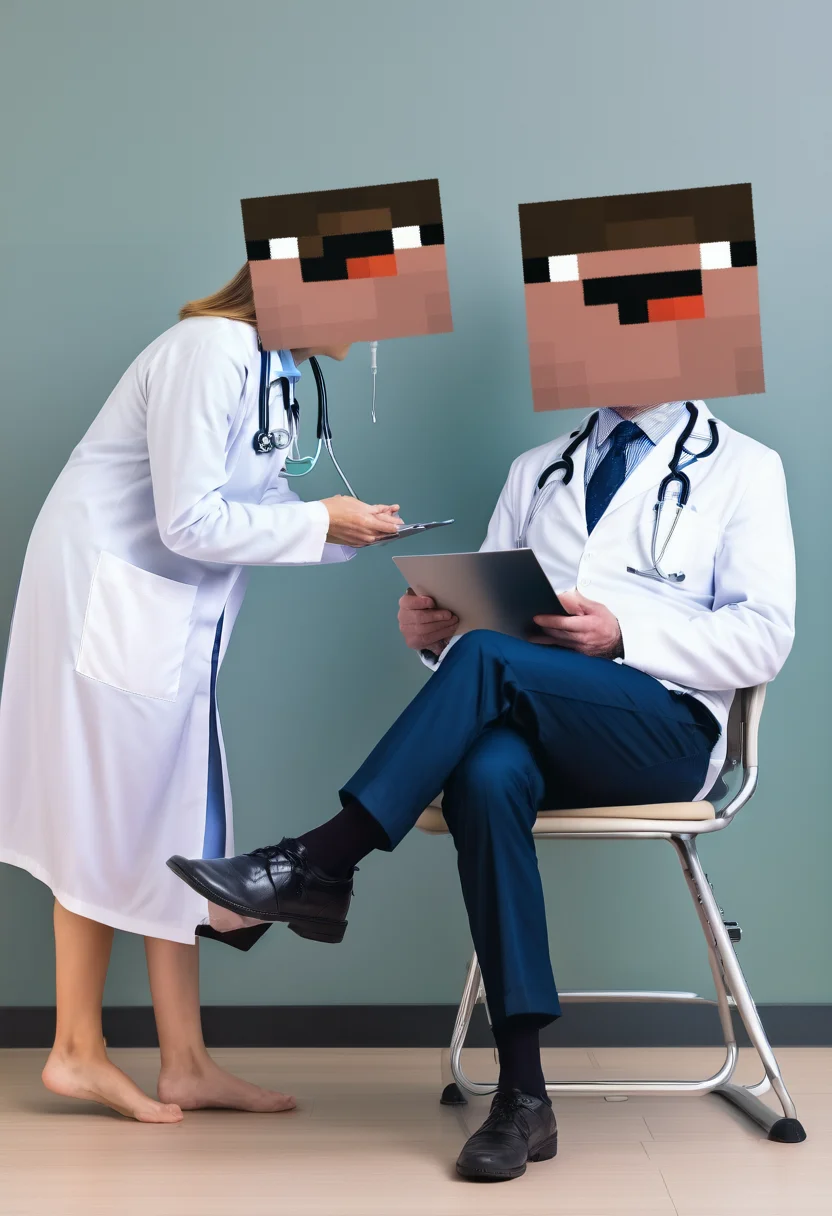 A doctor with a square head chatting with a patient with a square head, stock photo<lora:EnvySendNoobsXL01:1.3>