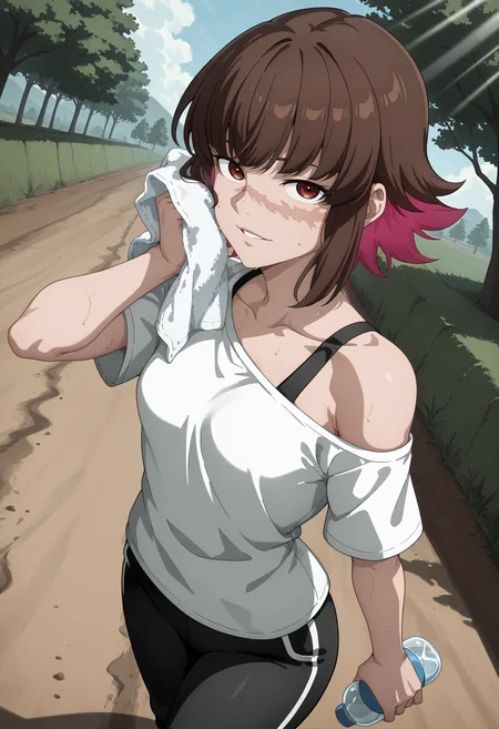 best quality, amazing quality, perfect quality, high quality, masterpiece, absolutely eye-catching BREAK
<lora:Shangri-La_Frontier_-_Rust_NH:1> ShangriRustNeph, scar on cheek, red eyes, colored inner hair, brown hair, pink hair, short hair, bangs, sidelocks, small breasts BREAK
white t-shirt, off shoulder, bra strap, black capri pants BREAK
1girl, solo, outdoors, dirt path, trees, blue sky, sunbeam, walking, wiping sweat, sweat, towel, holding water bottle, parted lips, light smile, looking at viewer, cowboy shot, dutch angle