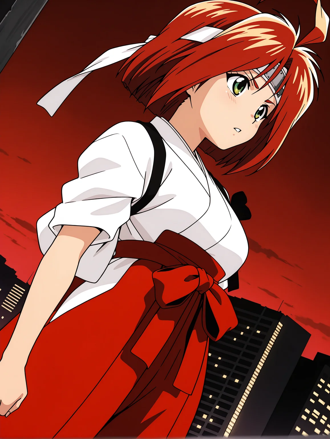masterpiece,best quality,amazing quality,
1girl,solo,
anime screencap,<lora:hinageshi_ilxl_v1.1:1>,hinageshi,ahoge,green eyes,h_b_clothes,headband,miko,sleeves rolled up,tasuki,red hakama,
<lora:Fixhands_anime_bdsqlsz_V1:1>,parted lips,dynamic_angle,cinematic_angle,looking ahead,serious,city,cityscape,night,cowboy_shot,red sky,standing,