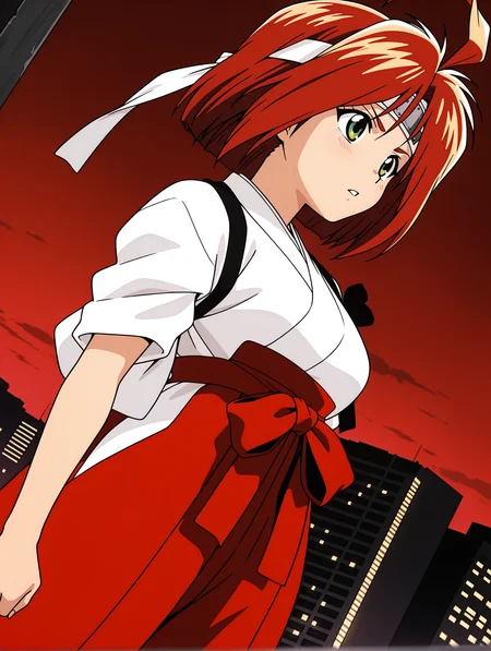 masterpiece,best quality,amazing quality,
1girl,solo,
anime screencap,<lora:hinageshi_ilxl_v1.1:1>,hinageshi,ahoge,green eyes,h_b_clothes,headband,miko,sleeves rolled up,tasuki,red hakama,
<lora:Fixhands_anime_bdsqlsz_V1:1>,parted lips,dynamic_angle,cinematic_angle,looking ahead,serious,city,cityscape,night,cowboy_shot,red sky,standing,