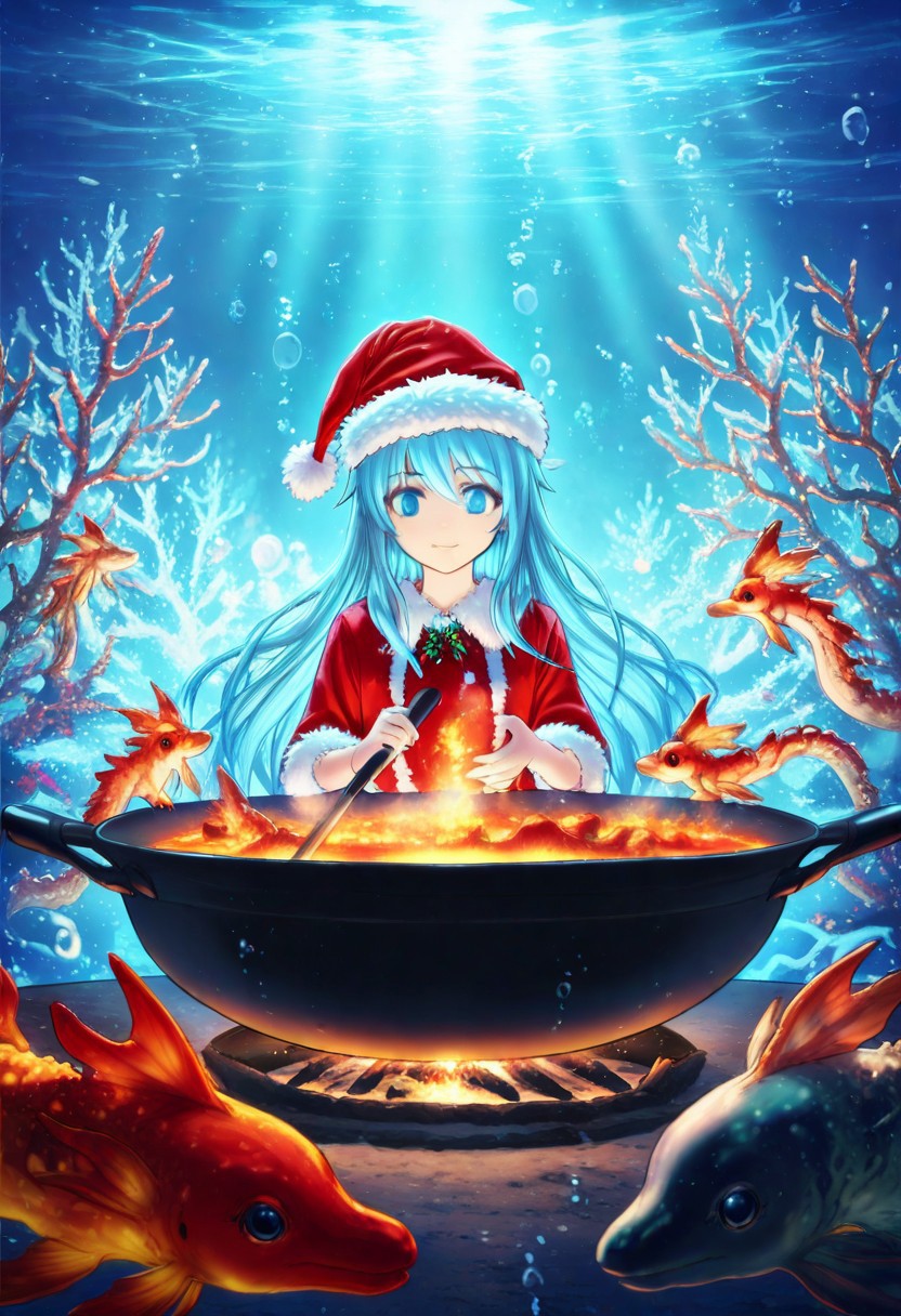 masterpiece, best quality, high quality, good quality, boy, long hair, blue eyes, blue hair, animal, Seahorses, christmas animals, cooking, underwater, glowing corals, festive ambiance, bioluminescence, holiday theme, detailed, intricate details, dynamic lighting, festive accessories, Santa hats, christmas animals, d2j3m0x