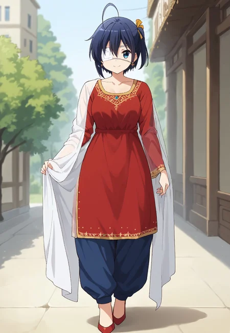 safe_pos, 1girl, solo, score_9_up, score_9, source_anime,rikka takanashi, short hair, blue eyes, black hair, ahoge, one side up, eyepatch, medical eyepatch, closed mouth, smile, looking at viewer, standing, medium breast, fullbody , depts of field, expressiveh, <lora:Salwar_kameez:1> Traditional Indian, red tunic, intricate neckline, blue trousers, plain earrings, high heels, Salwar kameez, sheer sleeves, Sheer , Deep V-neckline , plain dress, shawl on chest, transparent shawl