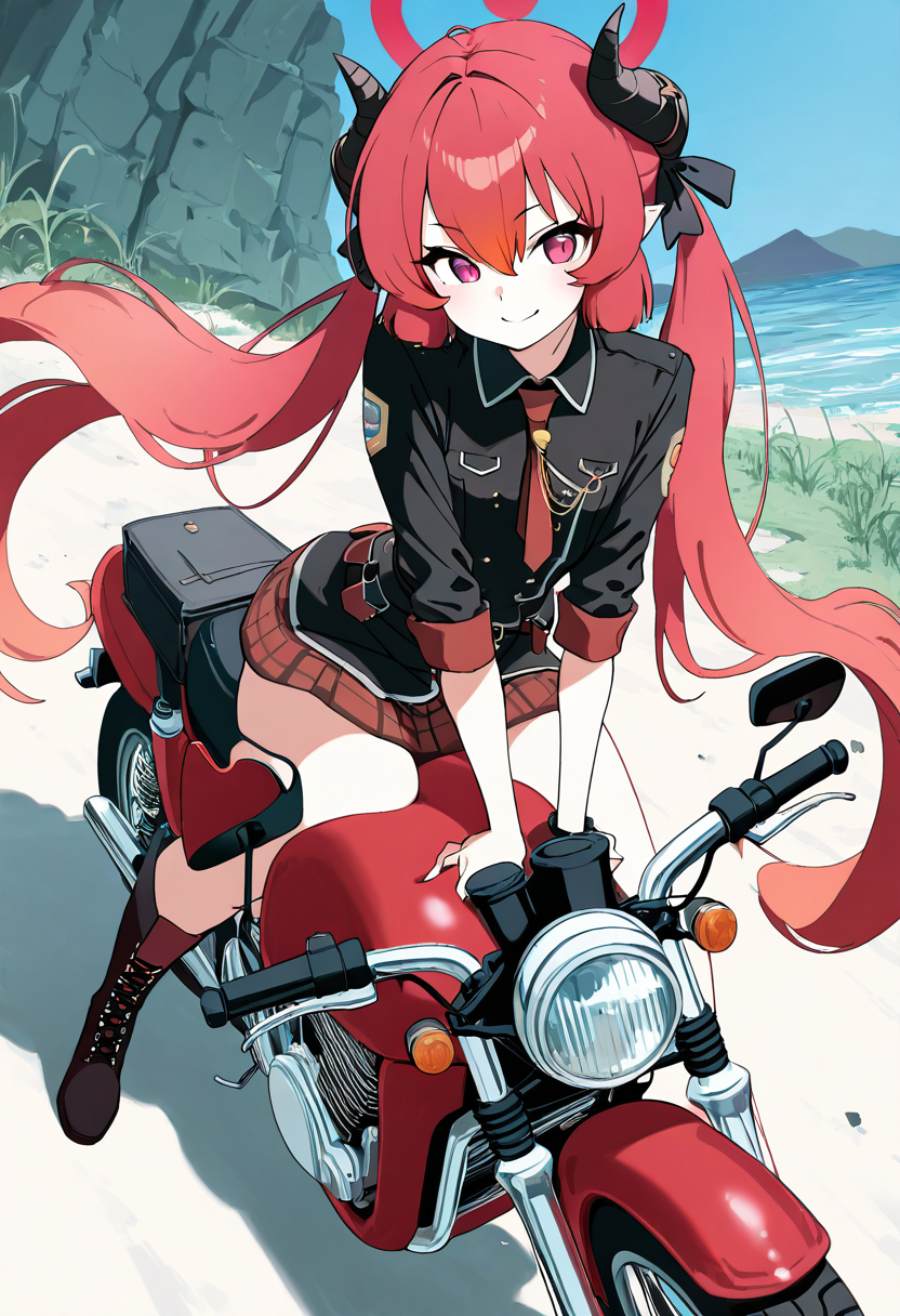 masterpiece, best quality, solo, curvy, beautiful eyes, narrow waist, wide hips, 1girl, solo, smile, looking at viewer, dynamic angle, foreshortening, close up,    zzJunko, red eyes, red halo, red hair, horns, long hair, twintails, halo, demon horns, pointy ears, hair between eyes, black horns,   ,       <lora:JunkoBlueArchiveIXL:1.0>, [Vintage Biker Girl], brown leather bomber jacket with a shearling collar, dark blue denim jeans with rolled cuffs, brown riding boots, black scarf tied around her neck, long flowing hair, sitting on a classic 1950s motorcycle, looking off into the sunset on a long, open road, wind blowing her hair back,