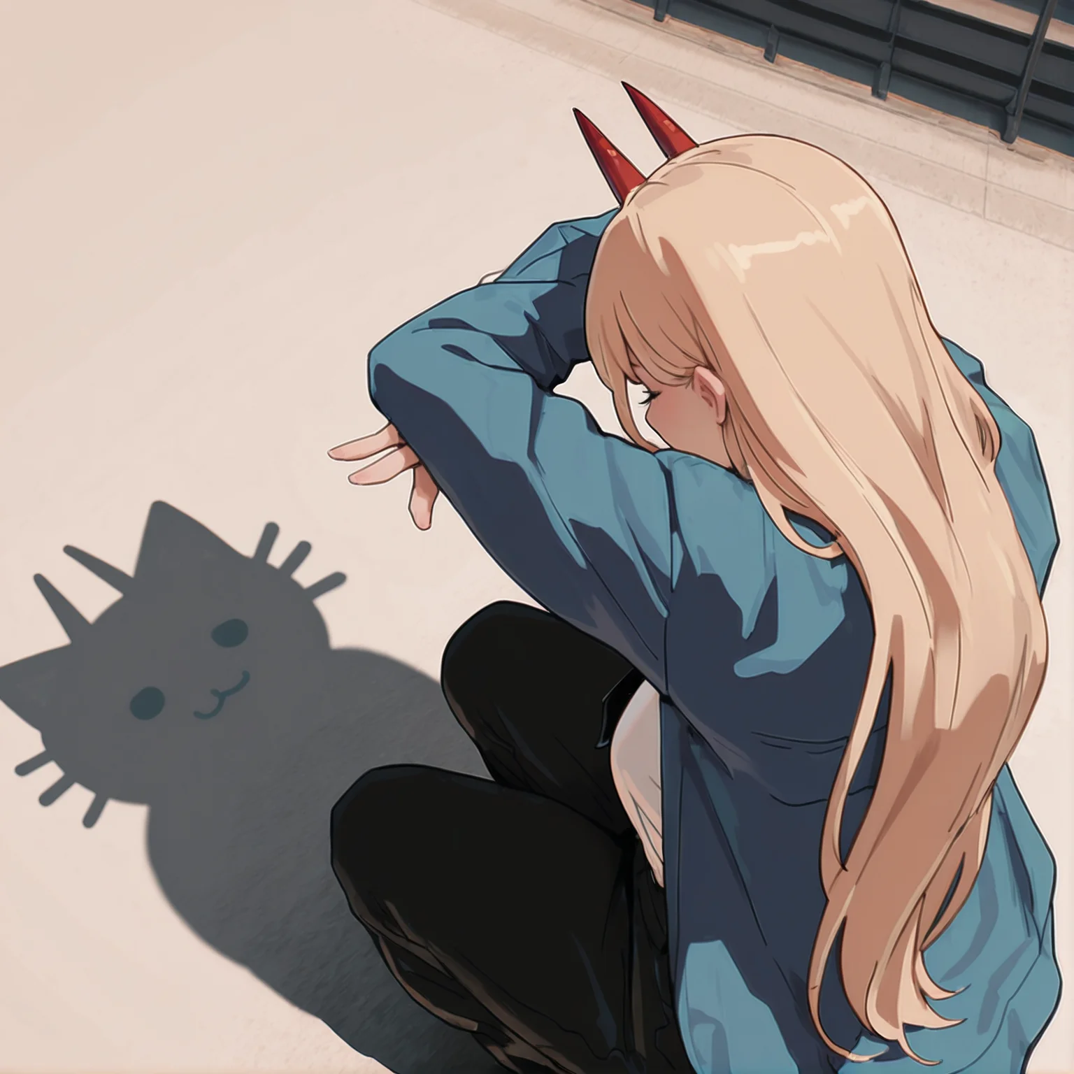 masterpiece, best quality, amazing quality, absurdes, aesthetic, soft illumination, focus, highly detailed, cinematic view, solo, power, mature female, long hair, blonde hair, red horns, white shirt, black tie, blue jacket, black pants, squatting, (from above:0.6), from behind, full body, cat shadow with horns, <lora:Power_Chainsaw_Man:0.85> <lora:catshadow:1>