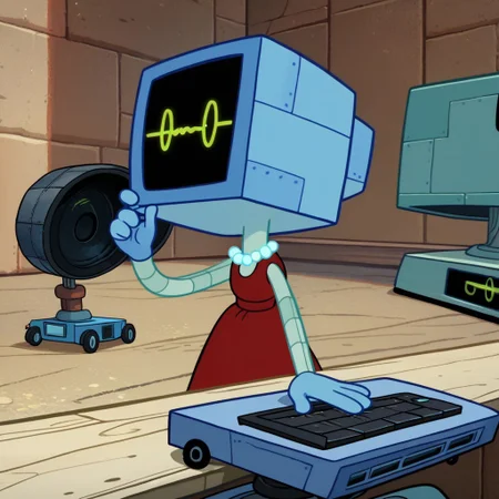 score_9, score_8_up, score_7_up BREAK, KarenSB, 1girl, metal body, blue computer head, black screen, blue hands, wheels, pearl necklace, sleeveless red dress, green led smiley face,