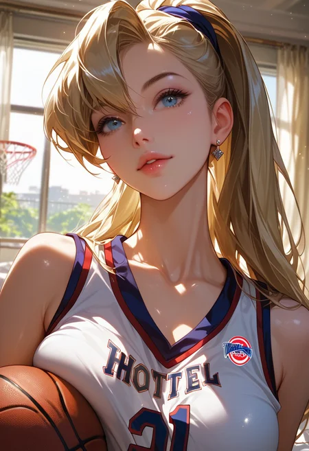 score_9, score_8_up, score_7_up, lola bunny, human body,sexy jersey,Close-up details, realistic style photo caucasian young woman,blonde hair, long hair,((white basketball uniform,)) outstanding style, tall, cute, adult. Use soft lighting to cast gentle shadows on the subject, adding a touch of dimension to your images without compromising details, score_9, score_8_up, score_7_up,shiny skin, smart looking, haughty,no bra,large naturally saggy breasts, breast movement, ((hotel room, natural sunlight, sunlight on her face))