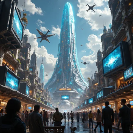 In a sprawling metropolis suspended in the clouds, a towering crystalline spire pierces the sky, refracting sunlight into a dazzling spectrum. Holographic advertisements flicker, promoting neural enhancements and exotic off-world vacations. Below, floating transit pods weave through a labyrinth of airways, while citizens, adorned in luminescent fabrics, engage in lively discussions about the latest interstellar discoveries. A massive screen broadcasts a debate on the ethics of artificial intelligence as drones zip overhead, capturing every moment. In the distance, a storm brews, crackling with energy, hinting at the impending arrival of an unknown alien craft.