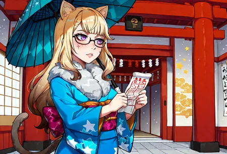 IllustriousQual, <lora:StS-Illustrious-Detail-Slider-v1.0:2> <lora:cfg_scale_boost:0.3> <lora:StS_Age_Slider_Illustrious_v1:3>,detailed_background,indoors,japanese clothes,torii,tail,glasses,standing,parasol,blue kimono,long hair,facial mark,gradient hair,fur collar,hatsumoude,star facial mark,blonde hair,animal ears,holding,lynette \(genshin impact\),brown hair,wide sleeves,sash,1girl,cat tail,star \(symbol\),perrine h. clostermann,omikuji,cat ears,umbrella,new year,parted lips,absurdres,alternate costume,paper,makaroni \(makaroni kana\),kimono,purple eyes,holding paper,highres