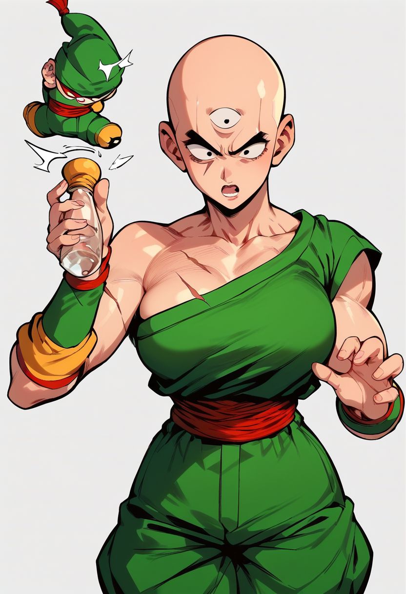 score_9, score_8_up,score_7_up, score_6_up, score_5_up, score_4_up,score_9, score_8_up, score_7_up, tien, third eye, bald, black eyes, female, green shirt, single bare shoulder, scar on chest, green pants, green wristband, red sash, sleeveless, yellow leg warmers, black flats, shocked expression, standing, holding empty glass bottle, genderswap \(mtf\) cowboy shot, exclemation point over head, female body, smooth female,