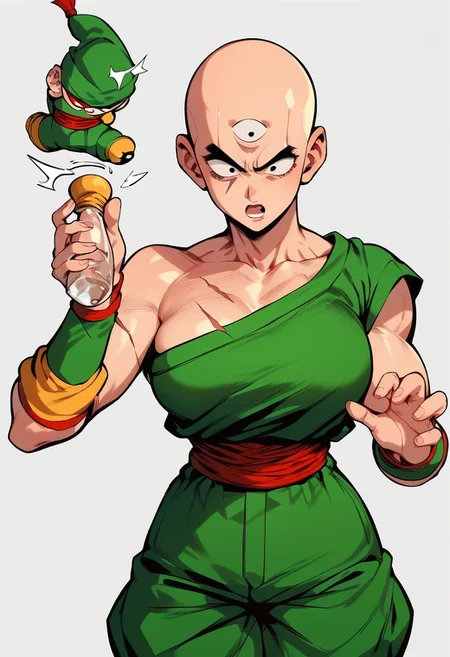 score_9, score_8_up,score_7_up, score_6_up, score_5_up, score_4_up,score_9, score_8_up, score_7_up, tien, third eye, bald, black eyes, female, green shirt, single bare shoulder, scar on chest, green pants, green wristband, red sash, sleeveless, yellow leg warmers, black flats, shocked expression, standing, holding empty glass bottle, genderswap \(mtf\) cowboy shot, exclemation point over head, female body, smooth female,