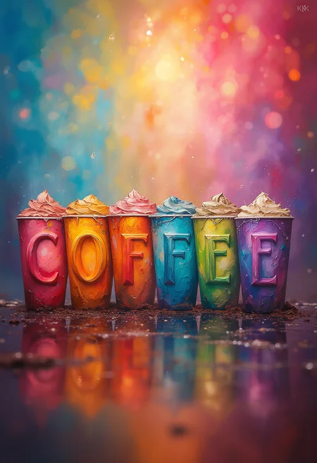 Painterly, 6 coffee cups sit from left to right, each cup has it's own color from the spectrum like a rainbow, each cup has a large letter painted on it's front, From the left cup "C" to the cup all the way to the right "E" to spell the word "COFFEE", vibrant glow, bokeh, 8k