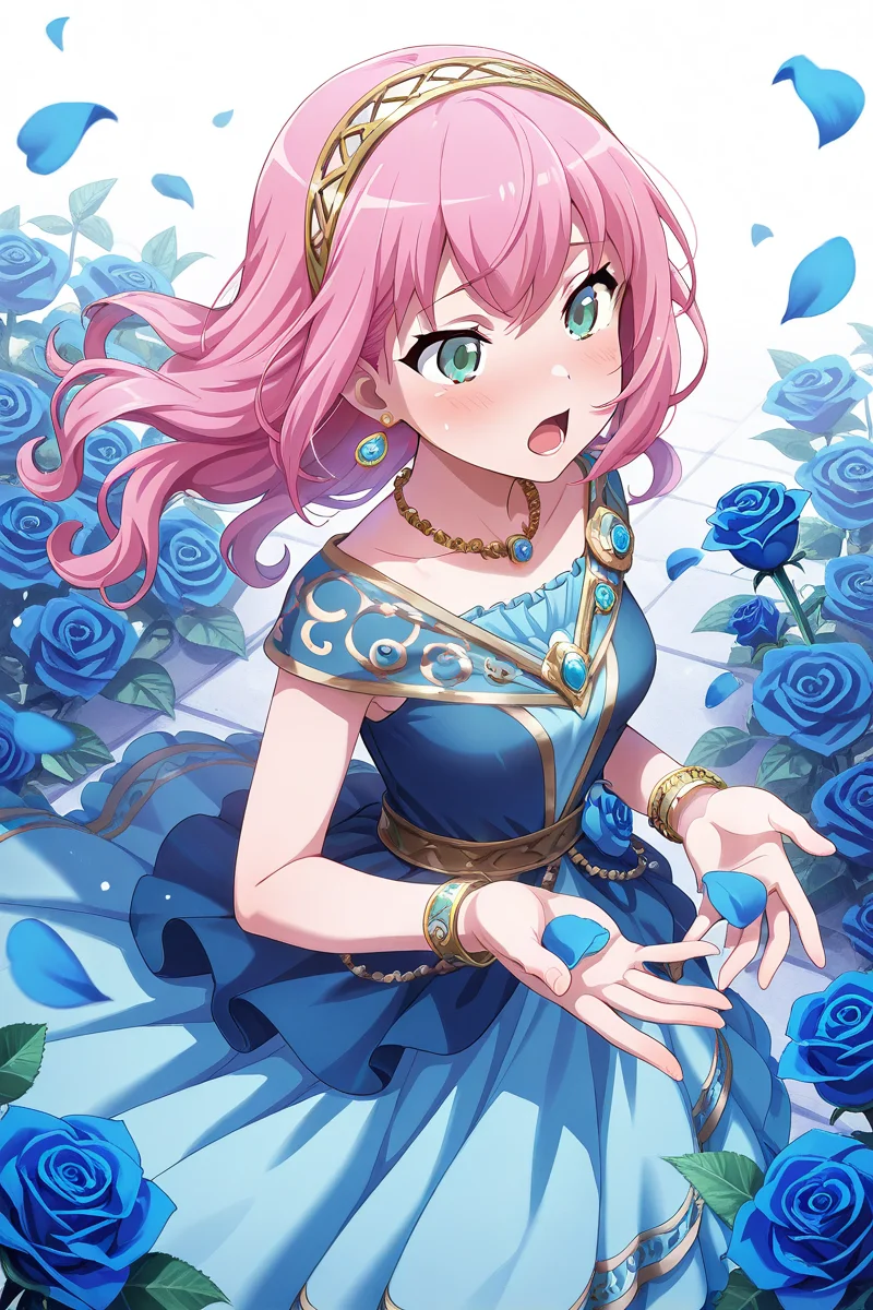masterpiece, best quality, amazing quality,
<lora:Stella_IL:1> stella, 1girl, flower, pink hair, jewelry, rose, dress, solo, petals, blue flower, long hair, earrings, open mouth, blue dress, bracelet, blue rose, hairband, green eyes, necklace