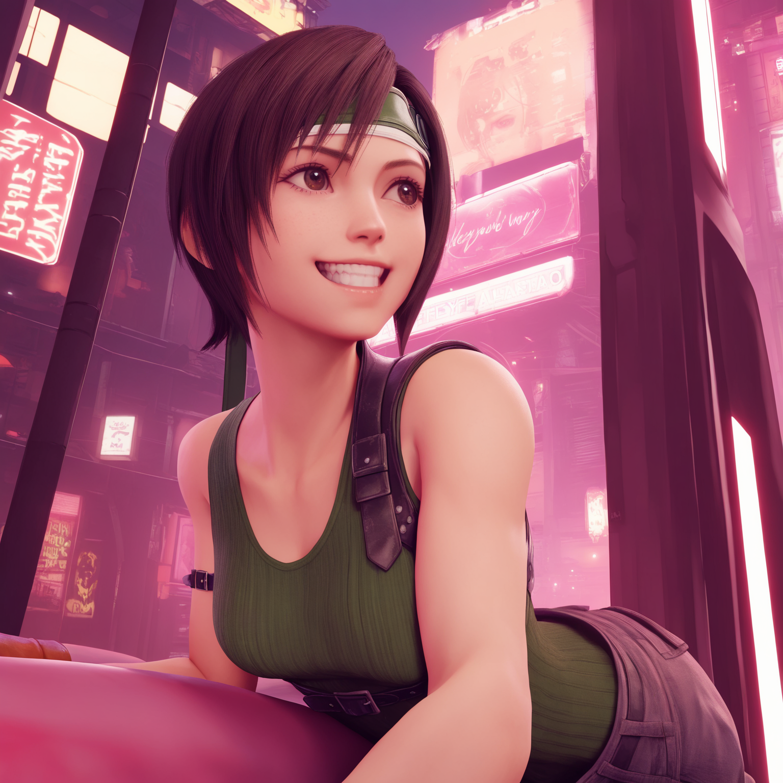 1girl,yuffie kisaragi,grin,looking to the side,<lora:FF7Rstyle_illustrious:1>,ff7rstyle,outdoors,cyberpunk,alleyway,night,masterpiece,newest,