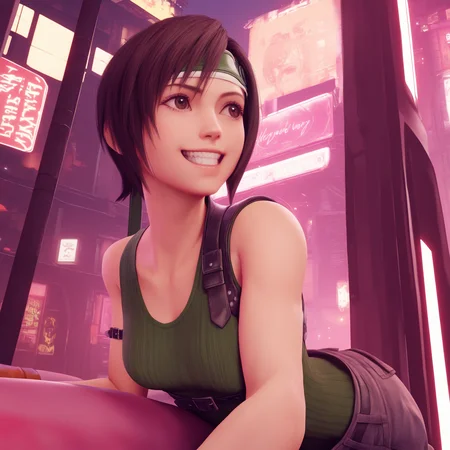 1girl,yuffie kisaragi,grin,looking to the side,<lora:FF7Rstyle_illustrious:1>,ff7rstyle,outdoors,cyberpunk,alleyway,night,masterpiece,newest,