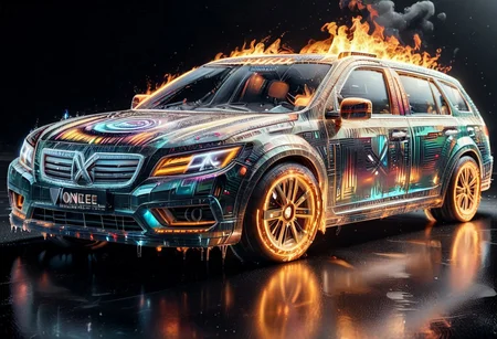 Ice meet flame THEME, Ghostrider in his car on (fire, f1r3:1.1) (made of (angular shard, voxel, glass, 1c3_w1n73r:1.4):1.4), (reflection:1.1),