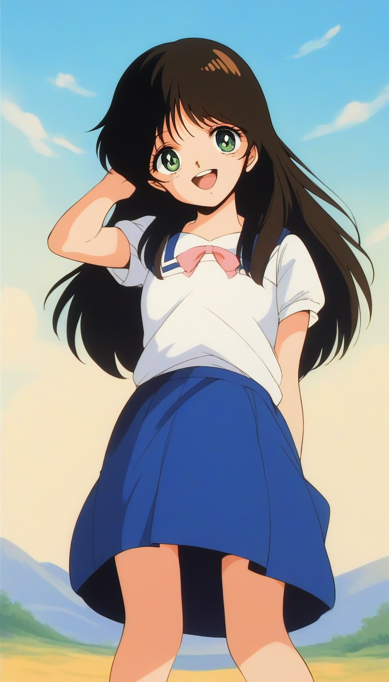 score_9, score_8_up, score_7_up, source_anime, rating_explicit, BREAK  <lora:NonomuraAmi_BeMybaby_Ver2.0_XL:1> NonomuraAmi, long hair, black hair, brown hair, small breasts, green eyes, bangs,
pink short sleeve, blue skirt,
outdoor, sky,
smile, open mouth,
looking at viewer, 
cowboyShot,