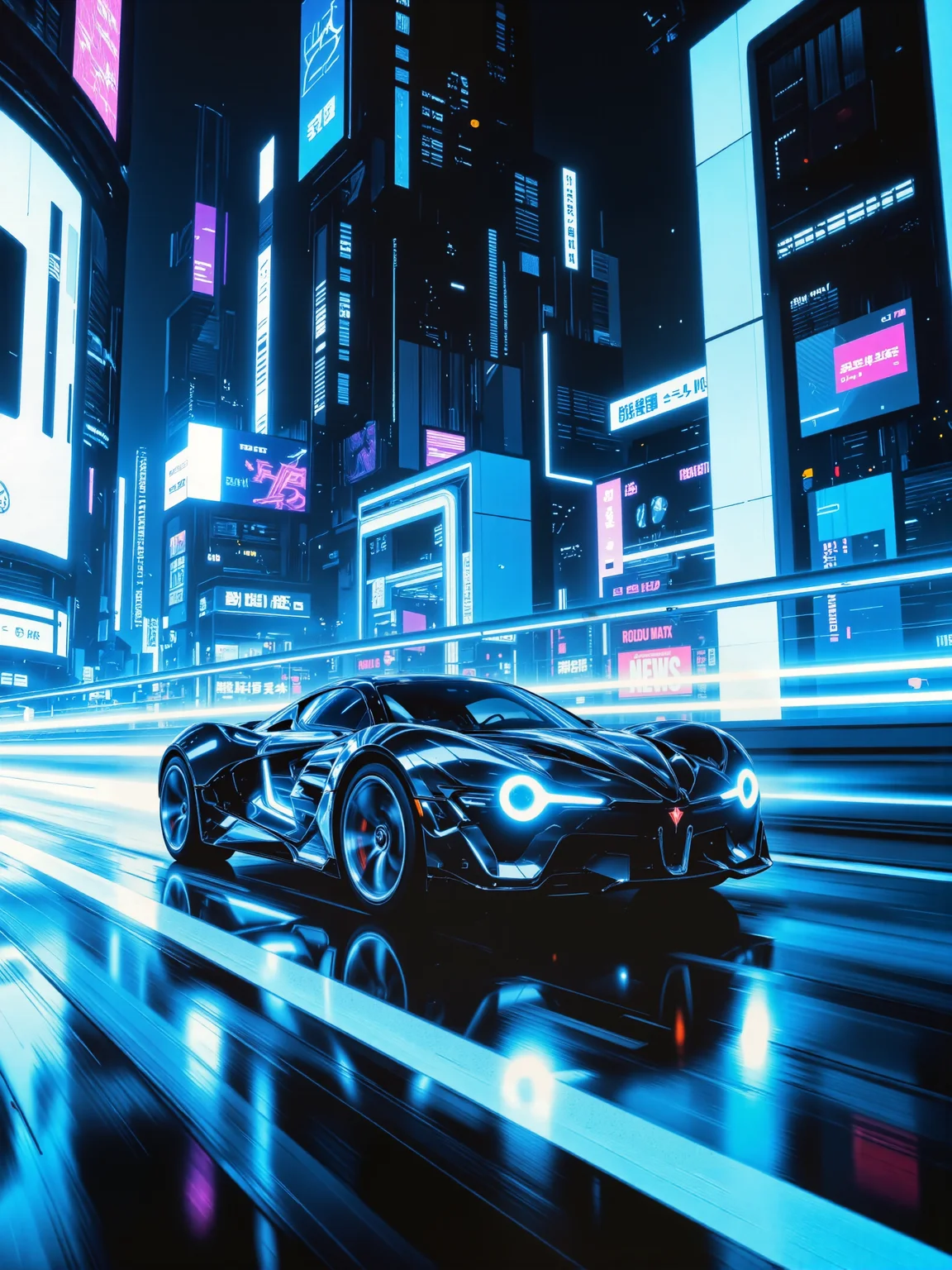 cinematic photograph, dutch angle, science fiction action scene, cyberpunk-tron style with high-contrast neon and sleek futurism, front view at an angle of a technologically advanced tron style hypercar, a high-tech hypercar with glowing blue-white energy lines streaks through the neon-lit canyons of a futuristic tron-inspired city, the vehicleâs design is low-slung and aerodynamic, with sharp angles, glowing wheels, and illuminated circuitry woven across its body like digital veins, the background is a blur of towering digital skyscrapers and glowing holographic signs, the architecture is angular and luminous, composed of geometric panels, energy conduits, and translucent surfaces pulsing with vivid color, distant monorails and light trails cut through the upper levels of the cityscape, the hypercar drives towards the viewer at an angle, caught in a sharp dutch angle view that emphasizes speed and intensity, motion blur trails behind it in streaks of vibrant neon blue and electric cyan, the reflections ripple across the slick, glassy road that mirrors the city lights, the city around is bathed in a glowing grid of lines and symbols, hints of magenta and purple cut through the cool blue palette, flashing signs and digital advertisements flicker in rapid succession, adding chaos and life to the scene, the shot captures the vehicle mid-drift, light slicing off the angular bodywork, the wheel arcs lit up like circular blades, glowing particles trailing behind from the rear turbines, suggesting extreme speed and energy output, camera angle is low and canted in a tight dutch angle, lens flares, motion blur, and dynamic perspective emphasize velocity and disorientation, the composition pushes the viewer into the chaos of motion, lighting is harsh and vivid, full of extreme contrast between neon highlights and deep shadows, intense bloom effects around lights, combined with reflections on polished, glossy, surfaces to enhance immersion, rendered in ultra-high-definition with hyper-detailed materials and reflective surfaces, blending the aesthetic of tron legacy and modern racing cinematography, shot on virtual anamorphic lens with digital post-glow overlays, ovg, artilands02, <lora:style-fantastic_landscapes-v2-flux-by_artifyai:0.6><lora:dynamic_blur_effect-flux-by_yelvti:0.6> <lora:style-tron_legacy-flux-by_dal_mac:0.6>
