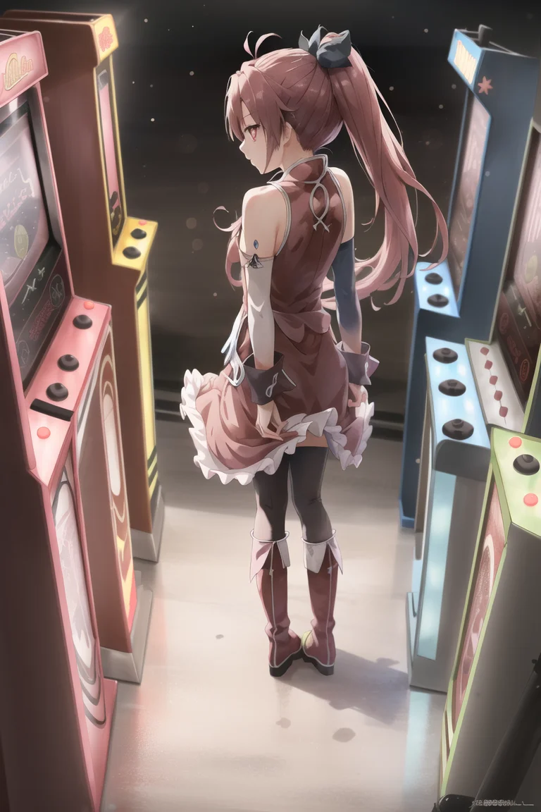 pmmmKyouko, solo, full body, from above, \(a girl using an arcade cabinet\), (detailed shiny anime style eyes), flat chest, detailed textures, neon lighting, colorful lighting, aesthetic, intricate, glowing, bokeh, sharp focus, <lora:KyoukoSakura:1>